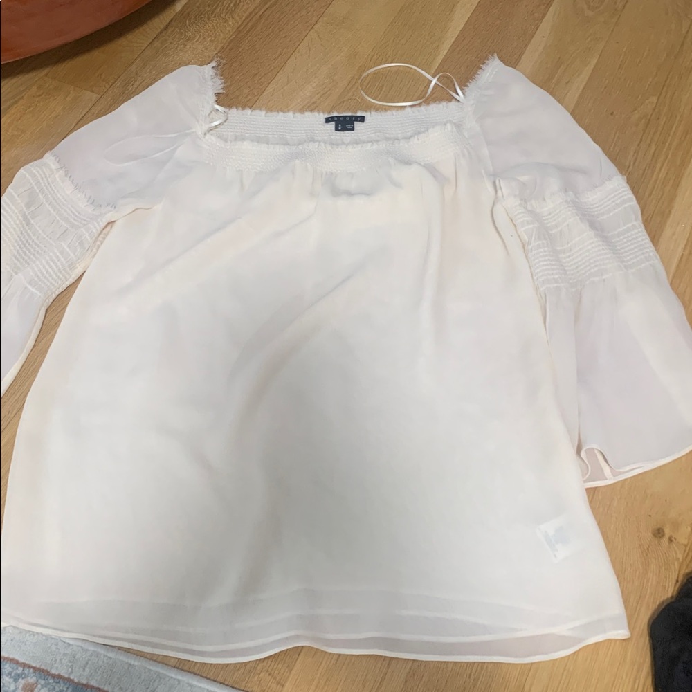 Theory Silk White Off-Shoulder Peasant Blouse - Women's Top.Absolutely gorgeous